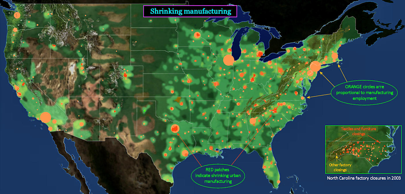 Offshoring, shrinking industry, 2010 map